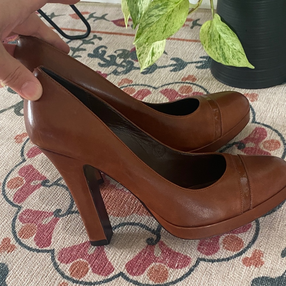 Cole Haan Women's Cognac Brown Leather Round-Toe Heels - Picture 10 of 12